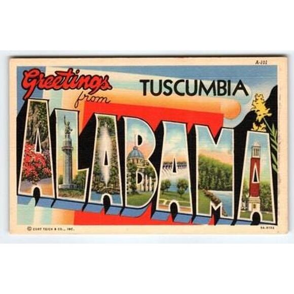 Vintage Linen 'Greetings from Tuscumbia Alabama' Curt Teich Postcard - Picture 1 of 2